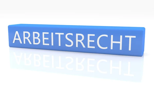 Arbeitsrecht - parola tedesca per diritto del lavoro - 3d rendering blue box con testo su di esso su sfondo bianco con riflessione — Foto Stock
